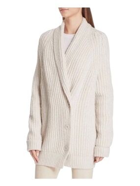 Vince Oatmeal Fisherman Ribbed Wool Blend Cardigan Sweater Small Hygge Old Money